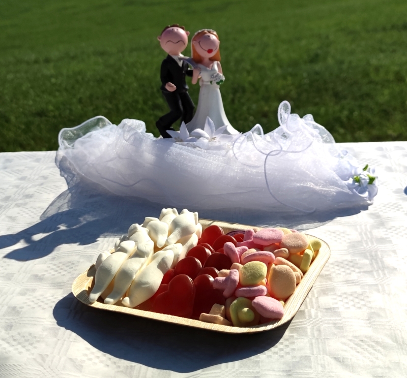 Kleine Süßigkeitenplatte für ihre Hochzeit als Bestandteil der Candybar oder für die Tische ihrer Hochzeitsgäste. Inhalt 300g Süßigkeiten ihrer Wahl.